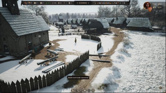 Manor Lords increase approval rating: a wooden church under construction, the ground has a light covering of snow.