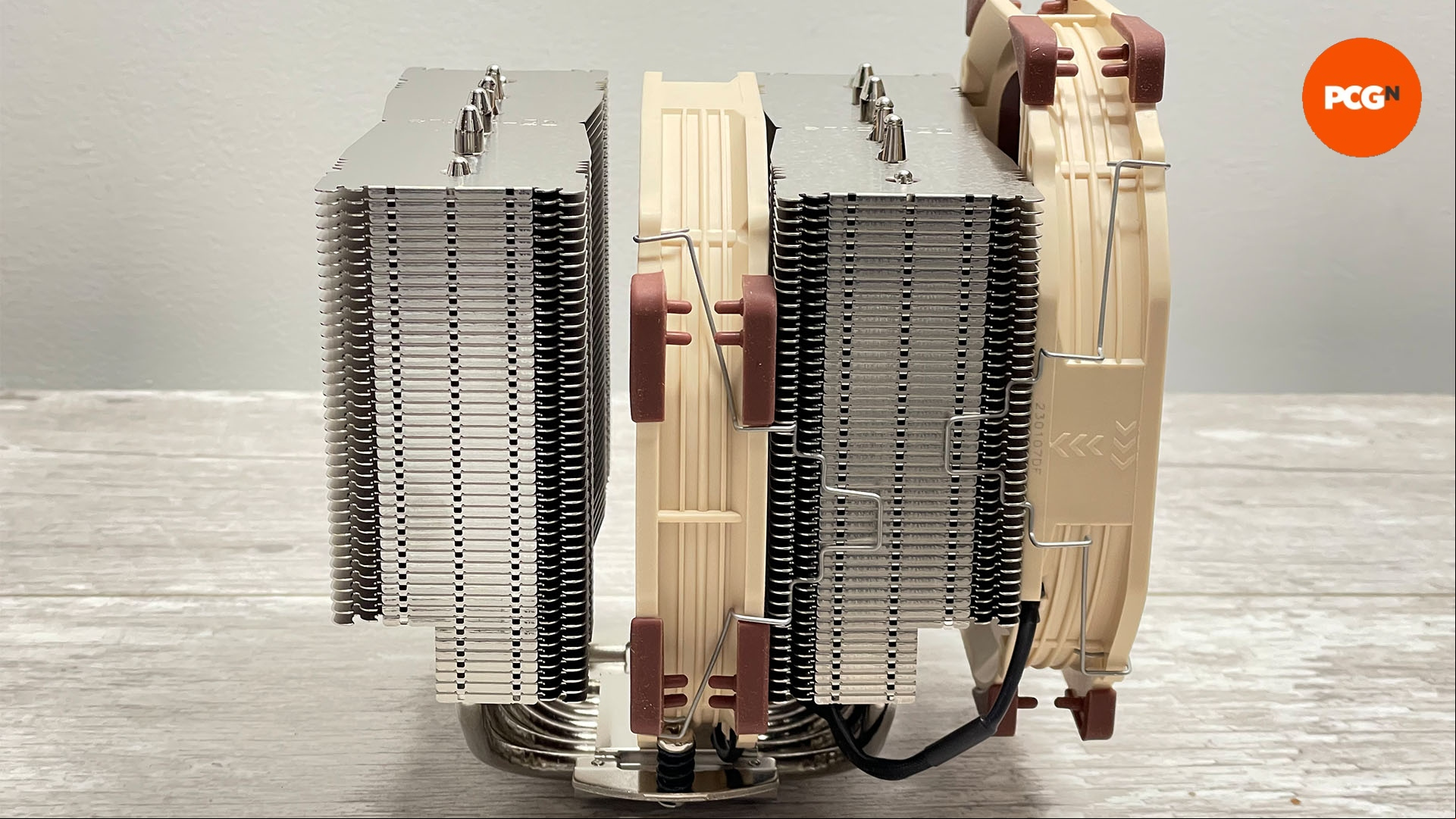 Noctua NH-D15 review image showing a side view of the product. To the top right of the image is a PCGamesN logo.