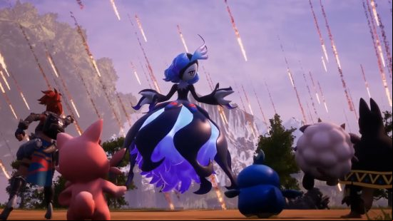 Palworld Raid Boss Bellanoir - A tamer and a group of Pals take on the new blue-and-black creature as meteors rain from the sky.