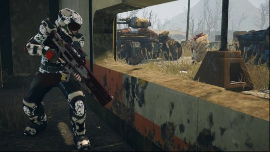 Phoenix Point Terror from the Void - A soldier hides in a building as a large tank rolls by outside.