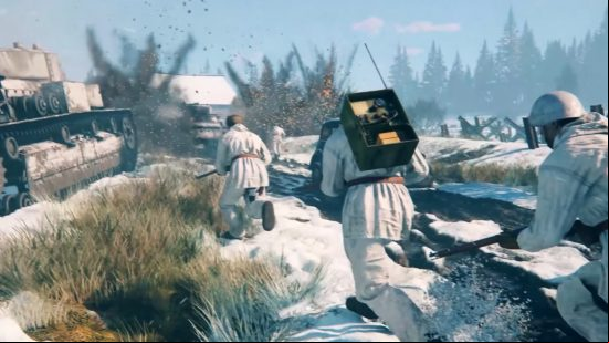 Enlisted screenshot showing soldiers running near a tank on the battlefield.