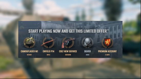 Enlisted new player bonus, including armor, weapons, 4000 silver, and three days of  access.