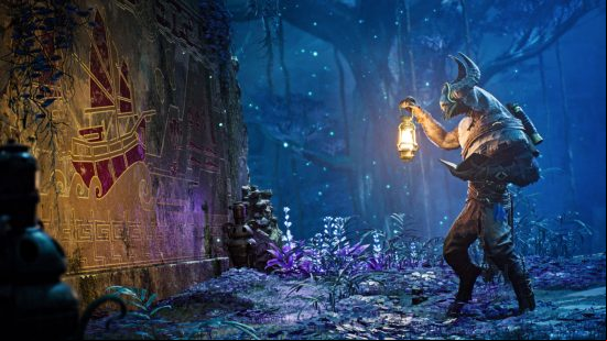 A Pan characters lifts a lantern to a stone painting that indicates the lost tribe at the heart of the Remnant 2 The Forgotten Kingdom DLC.