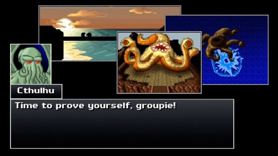 Lovecraftian Days Steam sale 2024 - Cthulhu says, "Time to prove yourself, groupie" as he faces a sea monster in Cthulhu Saves the World.