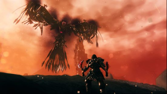 Valheim Ashlands - A warrior holding twin axes faces off against a giant, skull-headed bird flying above them.