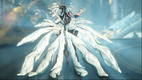 The brand new Warframe, Jade, stands facing away from the viewer, drapes trailing behind her.