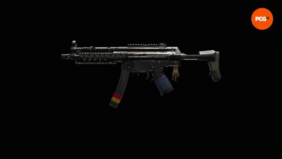 Best XDefiant loadouts: MP5A2 inspect screen in the loadout menus on black background.