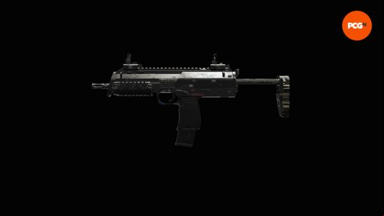 Best XDefiant loadouts: MP7 inspect screen in the loadout menus on black background.