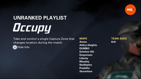 XDefiant game modes: Occupy game mode menu screen with a blue background.
