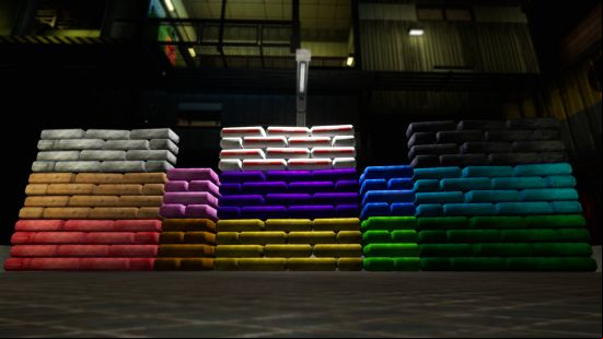 Abiotic Factor painted walls - Stacks of cement bags painted in numerous bright colors.