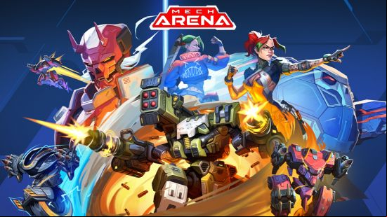 Best Android games: Mech Arena. Image shows the game's logo and a bunch of characters from the game rendered in an anime-like art style.