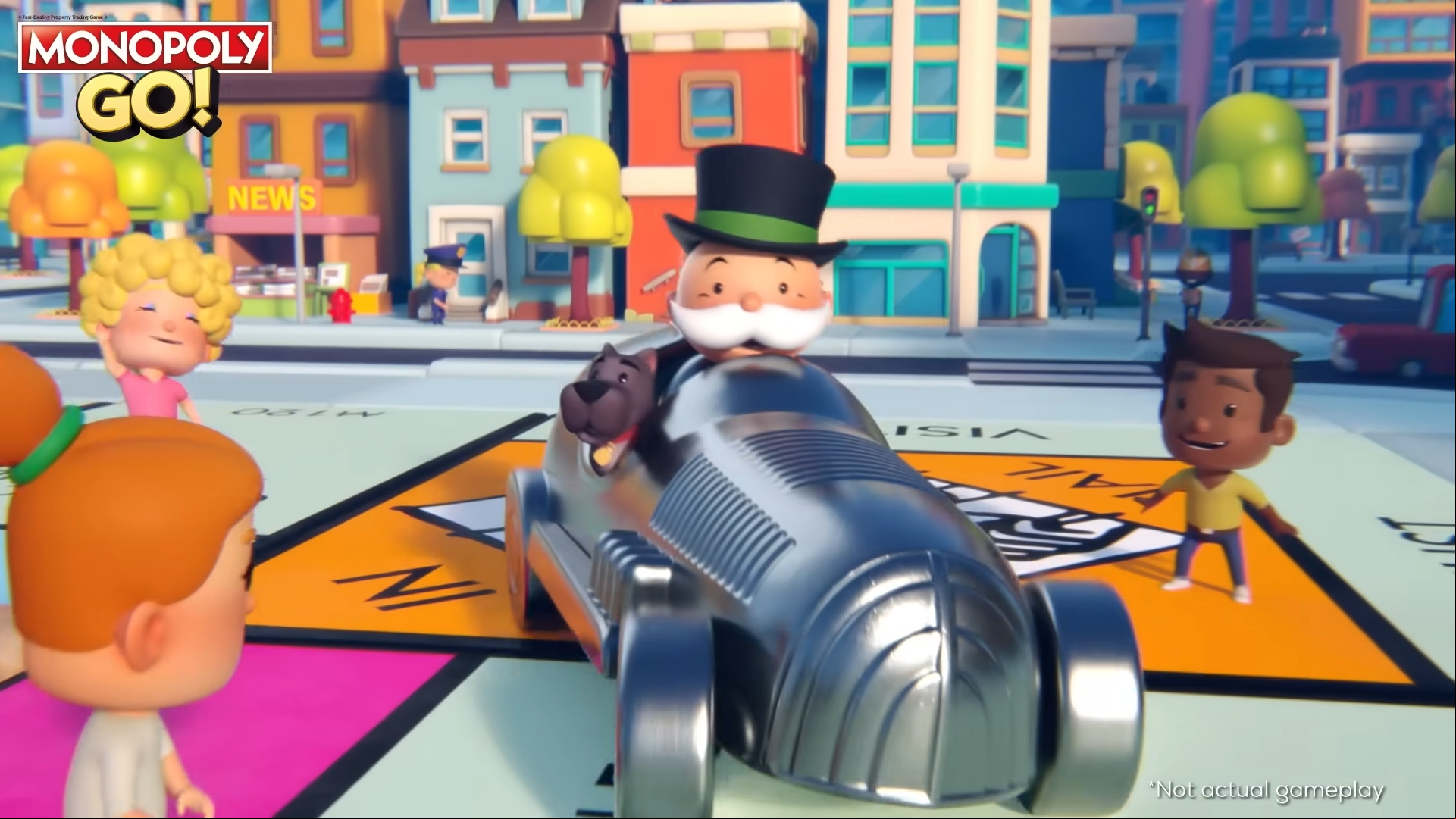 Best Android games: Monopoly GO. Image shows the Monopoly Man driving around in a silver car.