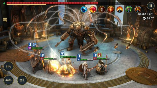 Best Android games: Raid: Shadow Legends. Image shows a battle between a team of champions and a large semi-mechanical creature.