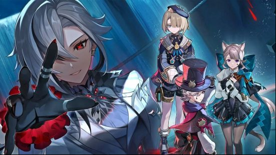 Best gacha games: Genshin Impact. Image shows a group of characters standing around in the dark.