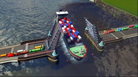 Cities Skylines mods: a drawbridge opening to allow a cargo ship to .