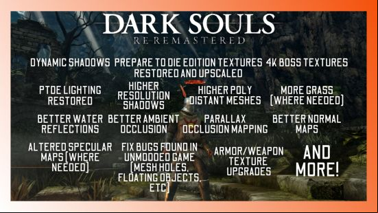 Dark Souls Remastered just got remastered again with new free mod: A screenshot of an X post detailing the new features in the Dark Souls Re-Remastered mod.