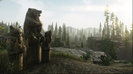 Escape From Tarkov - A set of fox, bear, and wolf statues in the wilderness.