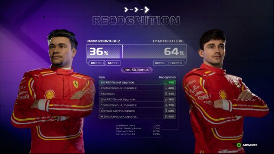 F1 24 review: The Recognition system shows the difference between the player's character and their teammate's acclaim.