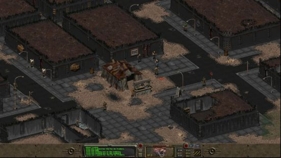 One of Fallout's many rundown, dusty settlements with a few guards dotted around.