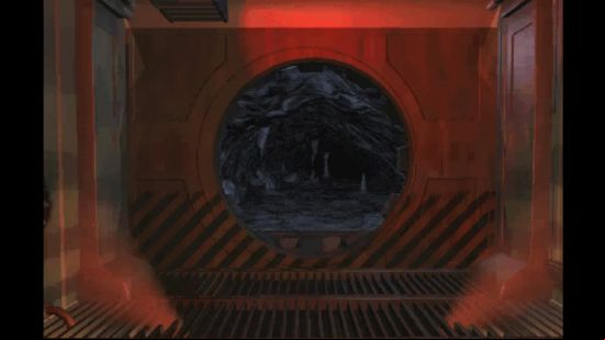 The exit of Vault 13. The iconic circular door leads from the metalic Vault into a dark cave filled with stalegtites and stalegmites.