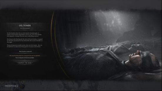 Frostpunk 2 story mode: a group of corpses wrapped in cloth, they have been trapped in oil for many years.