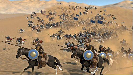 Games like Total War: An army charges across the desert on horseback, their battle flags emerging from the dust clouds kicked up by their battle chargers' hooves.