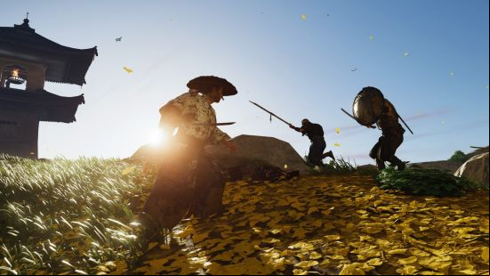 Ghost of Tsushima review: the protagonst takes on a pair of bandits.