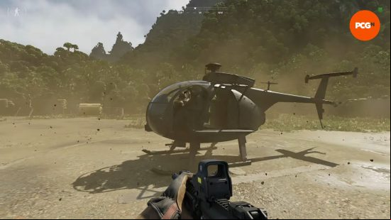 Two fighters look down on the ground below them from a Gray Zone Warfare helicopter.