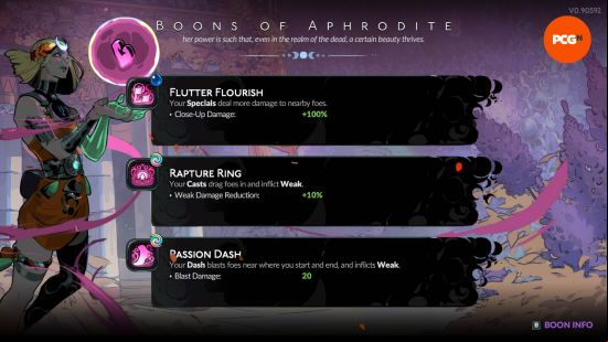 A selection of Aphrodite's Hades 2 boons.