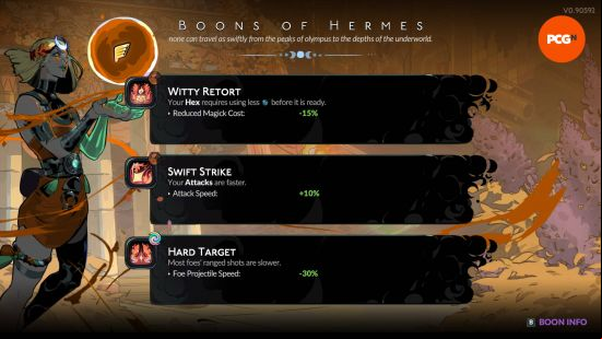A selection of Hermes's Hades 2 boons.