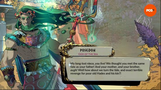 One of Poseidon's voice lines, played by Logan Cunningham in the Hades 2 cast, written on screen as it spoken.