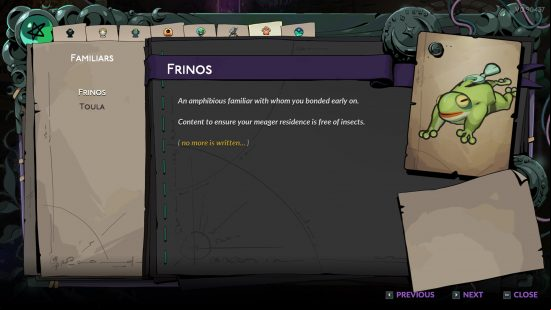 hades-2-frinos-page Hades 2 familiars: a page of a journal with a picture of a green frog.