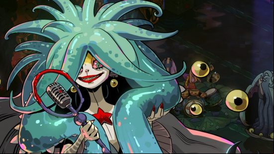 Hades 2 Scylla boss: a giant, tentacled monster holding a microphone.