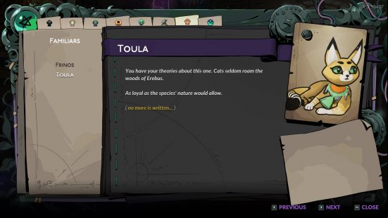 Hades 2 familiars: a page of a journal with a picture of a cat.