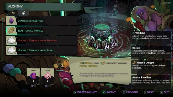 Hades 2 familiars: a recipe page showing the ingredients needed for animal treats.