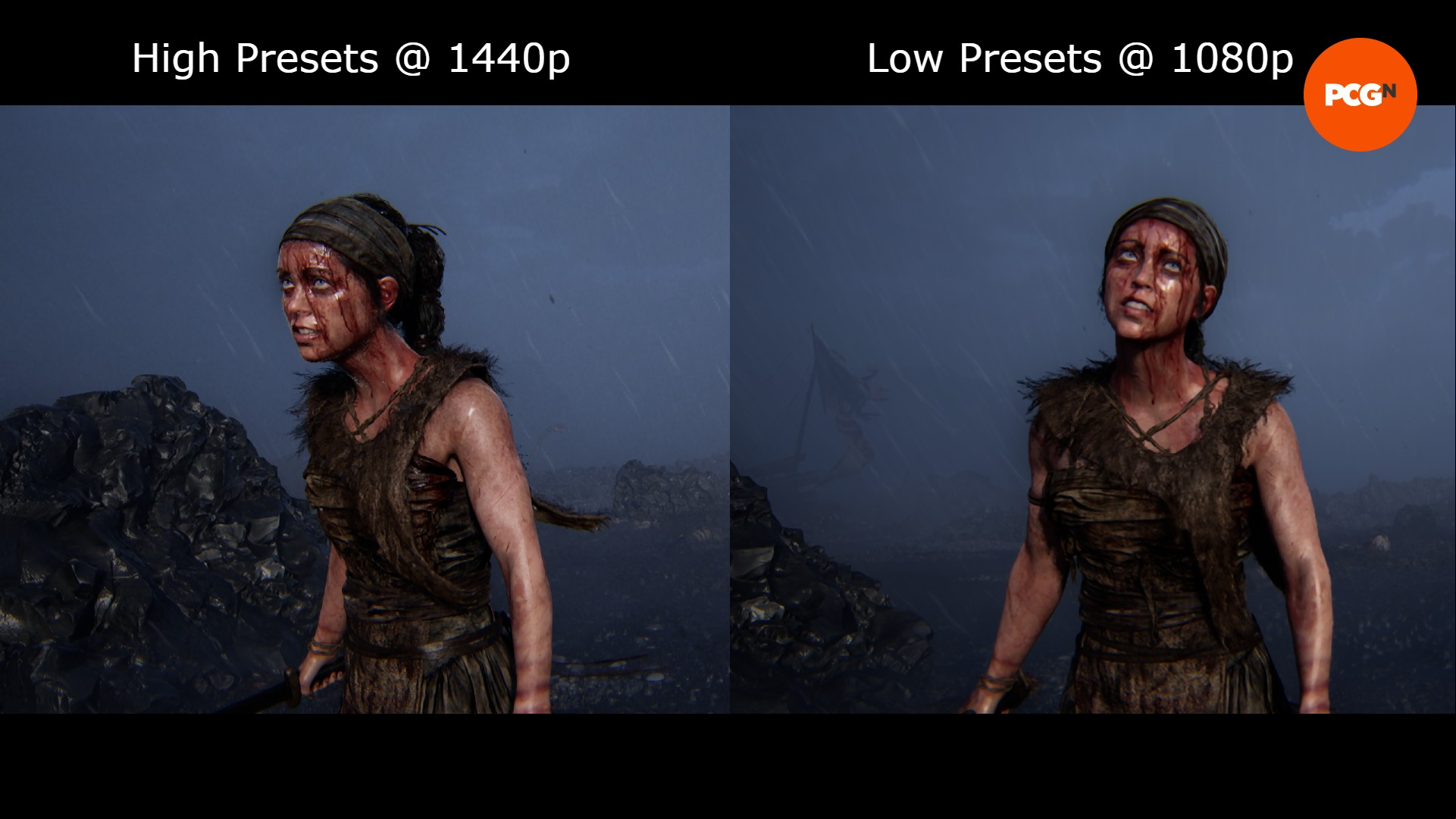 A comparison image showing Hellblade 2 at 1440p with high settings and 1080p with low settings