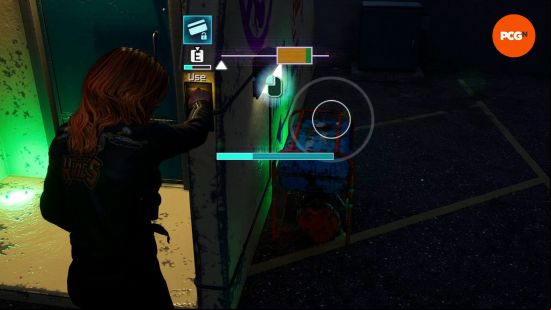 A player character holds an in-game item up to an exit as a QTE, or skill check, appears on screen, allowing the player to open one of the Killer Klowns from Outer Space escape routes.