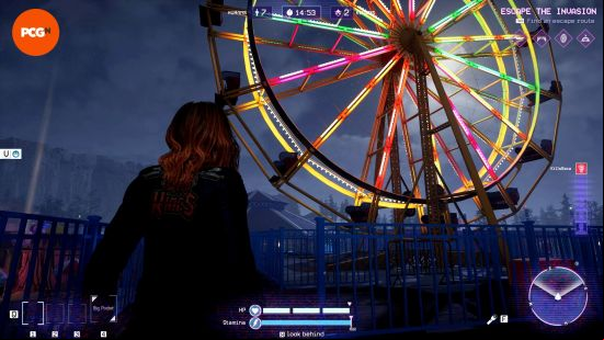 The player character looks up and ires a brightly lit funfair ride in one of the Killer Klowns from Outer Space maps.