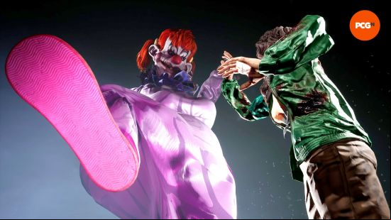 KKfOS review: A female Klown goes to step on a scared human in a Killer Klowns from Outer Space Klowntality.