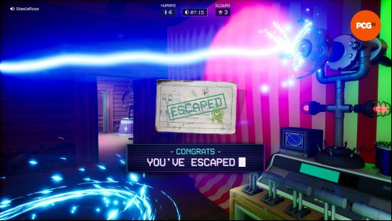 Killer Klowns from Outer Space review: The screen says "You've escaped" in front of an image of the KKfOS portal escape.