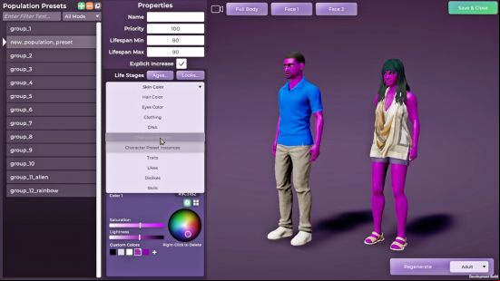 Two characters appear with unnatural, neon pink skin tones that suggest a supernatural element in Life by You mods.