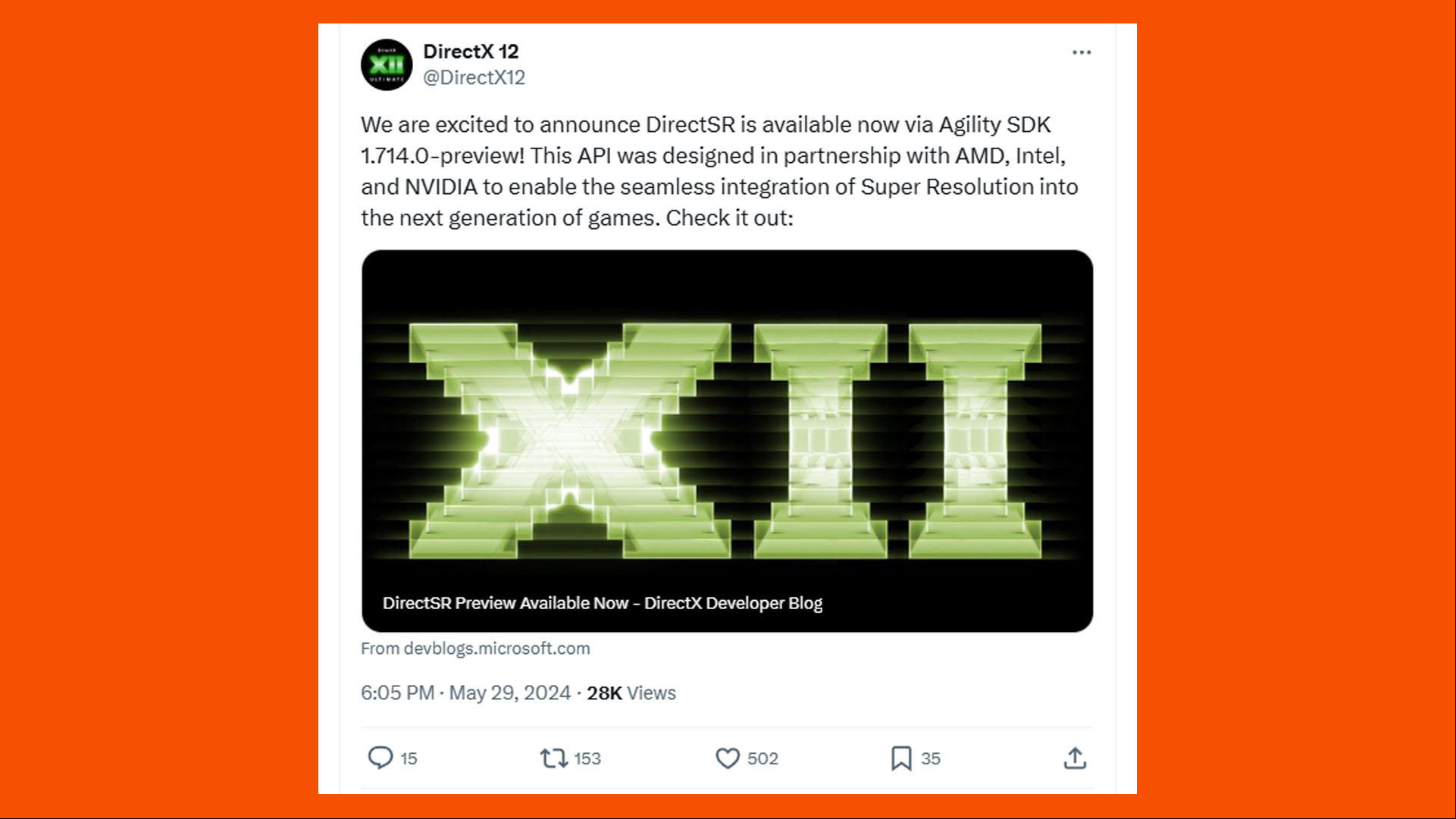 microsoft directsr dlss fsr xess upscaling tweet