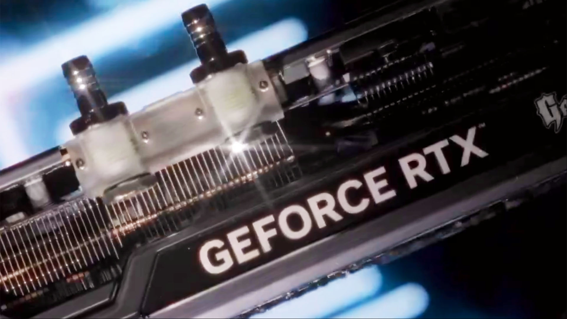 Palit Game Rock graphics card with hybrid cooler showing water cooling barbs