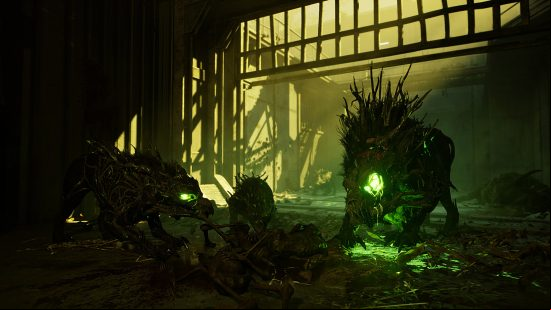 A mutated pair of monsters snuffle about threateningly in the green ruins of Serum.