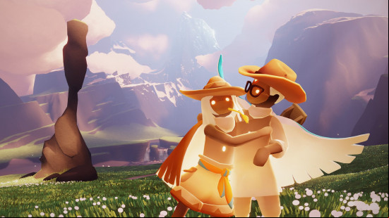 Free MMOs Sky: Children of Light. Image shows two people standing together fondly in an open field near cliffs.