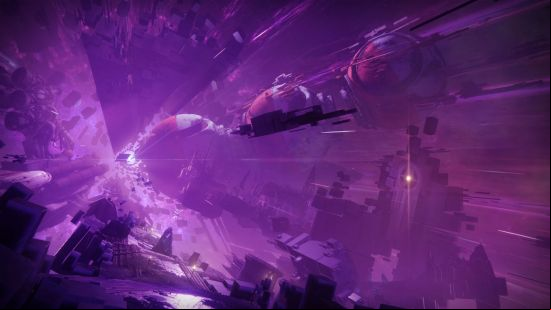 The Final Shape preview: the pathway to the Traveler's pale heart shows disted platforms and a bright purple hue