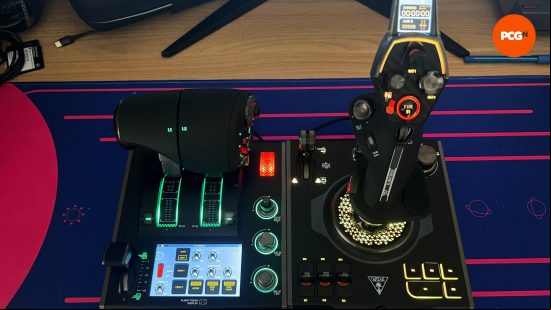 Turtle Beach VelocityOne Flight Deck HOTAS system set up on a desktop