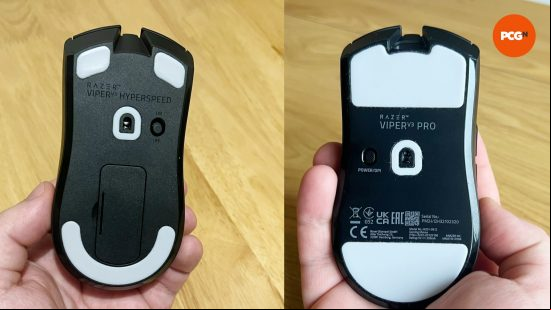side by side comparison of the PTFE feet on the Razer Viper V3 Hyperspeed (left) and V3 Pro (right)