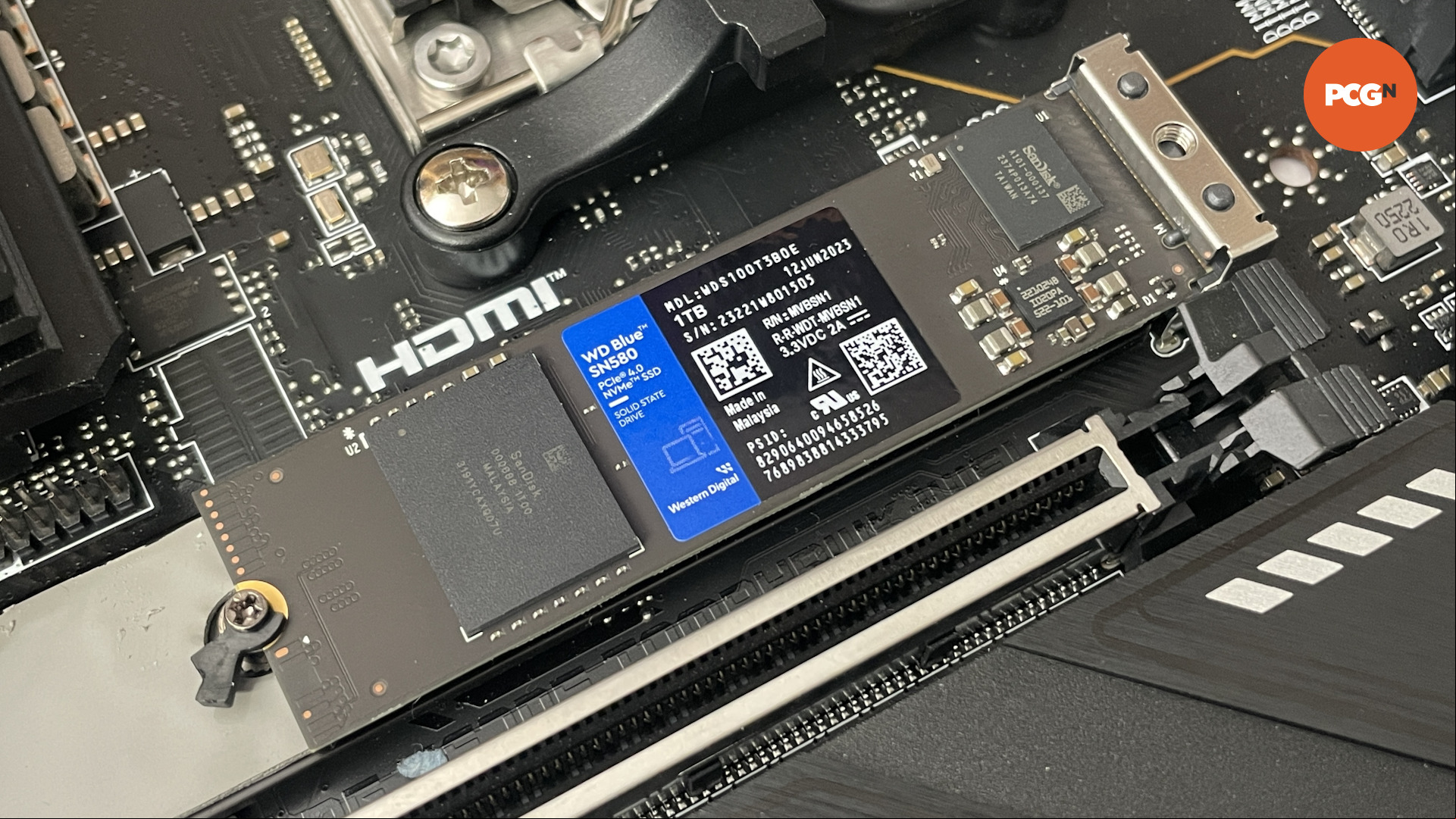 The WD Blue SN580 seated in the motherboard