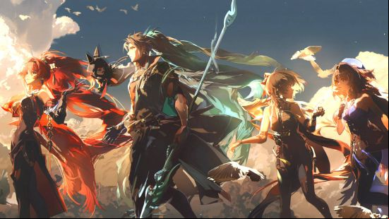 Wuthering Waves Steam: four heroes talking in a line with their weapons drawn.